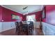 Elegant dining room featuring rich wood floors, striking red walls, and wainscoting at 5003 Singletree Ln, Indian Trail, NC 28079