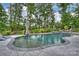 A kidney-shaped pool with an umbrella, surrounded by lush landscaping and trees at 562 Preservation Dr, Fort Mill, SC 29715