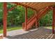 Outdoor patio area featuring a red wooden staircase and lush greenery at 8914 Landsdowne Ave, Harrisburg, NC 28075