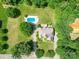 Expansive aerial view showcases the home, pool, and surrounding mature trees at 1508 Avalon Oaks Ct, Dallas, NC 28034