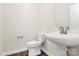 A modern bathroom features a pedestal sink and a toilet with wood-look vinyl flooring at 163 Crenshaw Nw Pl, Concord, NC 28027