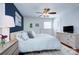 Comfortable main bedroom featuring a queen-sized bed, hardwood floors, neutral colors, ceiling fan, and bright windows at 1715 Wensley Dr, Charlotte, NC 28210