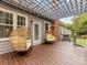Inviting back deck featuring egg chairs, wooden pergola with string lights, and outdoor grill at 15313 Moate Ct, Huntersville, NC 28078