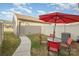 A cozy fenced backyard featuring a patio set with a red umbrella at 3436 Scottish Fern Ln # 172, Indian Land, SC 29707