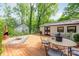 Spacious back deck features an outdoor seating and dining area amidst lush greenery and landscaping at 7123 Linda Lake Dr, Charlotte, NC 28215