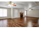 Large basement space with hardwood floors, stone fireplace, and neutral paint throughout at 814 Settlers Dr, Cherryville, NC 28021