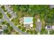 Aerial view of a community pool with a playground, cabana, fountain, and parking area in a well-maintained setting at 9710 Holden Ct, Charlotte, NC 28277