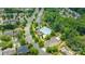 Aerial shot showcases a community pool with a playground and mature trees surrounding the neighborhood at 9710 Holden Ct, Charlotte, NC 28277
