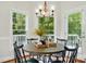 Sunlit breakfast area with outside access, hardwood flooring, and modern chandelier lighting at 2725 Cotton Planter Ln, Charlotte, NC 28270