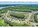 Aerial view of the neighborhood, showcasing its layout, landscaping, and nearby lake at 528 Sandbar Pt, Clover, SC 29710