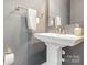 Stylish bathroom showcasing a pedestal sink with sleek fixtures, towel rack, and elegant design at 625 Uwharrie River Rd, Charlotte, NC 28211