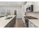 Modern kitchen featuring white cabinets, stainless appliances, and a view of the outdoor space at 625 Uwharrie River Rd, Charlotte, NC 28211