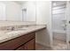 Bathroom featuring granite countertops, vanity, and a separate shower at 805 Old Little Rock Rd, Charlotte, NC 28214