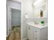 Bright bathroom featuring white vanity, modern fixtures, and wood-look flooring with a walk-in closet at 8611 Earthenware Dr, Charlotte, NC 28269