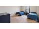 Simple bedroom with two twin beds, carpeted floors, and a dark blue color scheme at 10211 Snowbell Ct, Charlotte, NC 28215