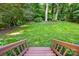 Beautiful backyard view from wooden stairs, showcasing a well-manicured lawn and mature trees at 2025 Sagamore Rd, Charlotte, NC 28209