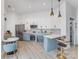 An open kitchen with light blue cabinets, a built-in oven, and barstool seating at 333 W Trade St # 1500, Charlotte, NC 28202