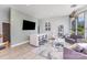 Modern living area with large TV, white quartz island, and floor to ceiling windows at 333 W Trade St # 1500, Charlotte, NC 28202