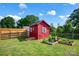Cozy red garden shed with raised garden beds and a fenced yard at 509 Brawley Rd # 7, Cleveland, NC 27013