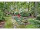 Lush backyard with a fire pit and mature trees, perfect for enjoying nature and outdoor activities at 8700 Thornbury Ln, Huntersville, NC 28078