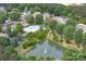 Aerial view showcases a lush neighborhood community featuring a pond, mature trees, and a resort-style pool area at 916 Coffee Tree Ln, Rock Hill, SC 29732