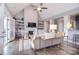 Cozy living room with built-in shelves, a fireplace, and stylish furnishings, creating a warm and inviting atmosphere at 11772 Sugar Hill Rd, Davidson, NC 28036