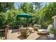 Enjoy outdoor relaxation on this back deck with seating surrounded by a private wooded backyard at 12125 Mountainside Ln, Charlotte, NC 28278