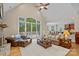 Bright living room with stone fireplace, large windows, and access to the outdoor deck at 166 Pinnacle Shores Dr, Mooresville, NC 28117