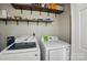 Efficient laundry area with full-size washer and dryer and ample shelving for storage at 314 Sunnywood Ln, Charlotte, NC 28270