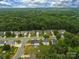 An aerial view displays suburban homes surrounded by dense green trees and manicured lawns under a partly cloudy sky at 5748 Timbertop Ln, Charlotte, NC 28215