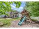 Fenced backyard showcasing playground, lush lawn, patio and lots of shade trees at 8927 Comstock Ct, Locust, NC 28097