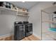 Modern laundry room with washer, dryer, shelving and hardwood floors at 1207 Lakedell Dr, Charlotte, NC 28215