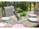 Stylish outdoor dining set up with dinnerware and decorative plants at 122 Waterford Dr, Mooresville, NC 28117