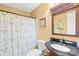 Bathroom features a dark vanity with a patterned shower curtain and decorated mirror at 125 Canopy Ct, Mooresville, NC 28115