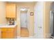 Hallway with a pantry, hardwood floors, and tan walls, ideal for easy access and storage at 125 Canopy Ct, Mooresville, NC 28115