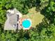Aerial view of backyard featuring pool with wood deck surrounded by lush greenery at 1739 Lesa Lin Dr, Monroe, NC 28112