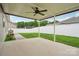 View of covered backyard patio with ceiling fan, concrete flooring and green grass at 2021 Chantilly Ln, Salisbury, NC 28146