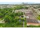 Property aerial view featuring lush greenery and neighborhood homes against a backdrop of the distant city skyline at 2536 Bancroft St, Charlotte, NC 28206