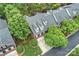An aerial view of brick townhomes showcasing well-maintained roofs, landscaping, and driveway access at 3128 Ethereal Ln, Charlotte, NC 28226
