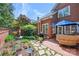 Lush backyard featuring a brick patio, beautiful garden, and an inviting outdoor seating area under a blue umbrella at 3128 Ethereal Ln, Charlotte, NC 28226