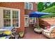 Charming brick patio with comfortable seating, a blue umbrella, and a grill, perfect for outdoor entertainment at 3128 Ethereal Ln, Charlotte, NC 28226