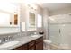 Bathroom featuring double sinks, granite countertops, and a glass-enclosed shower, combining style and functionality at 363 Bellingrath Blvd, Rock Hill, SC 29730
