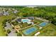 An aerial view of the community pool, tennis courts, playground, clubhouse, parking lot, and green space at 4023 Spring Garden St, Fort Mill, SC 29715
