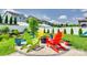 Outdoor seating area with colorful Adirondack chairs surrounding a fire pit in a landscaped backyard at 4023 Spring Garden St, Fort Mill, SC 29715