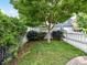 Backyard featuring a white fence, mature tree, and lush green lawn at 10515 Royal Winchester Dr, Charlotte, NC 28277
