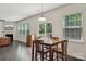 Dining area with hardwood floors, natural light from a glass door to the patio, and a wooden table set at 107 Sequoia St, Mooresville, NC 28117