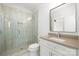 Stylish bathroom with glass-enclosed shower and modern vanity at 111 Monbo Meadows Ln, Statesville, NC 28677