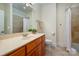 Bathroom featuring a tiled shower, vanity with sink, and a mirror with a view of the outside at 1500 Tarrington Way, Wesley Chapel, NC 28079