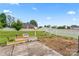 Backyard featuring a grass area, concrete patio, white picket fence, and sunny sky at 1911 Savannah Hills Dr, Matthews, NC 28105