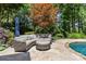 An outdoor patio featuring comfortable seating and a small table, offering an ideal spot for relaxation near the pool at 238 Horton Grove Rd, Fort Mill, SC 29715